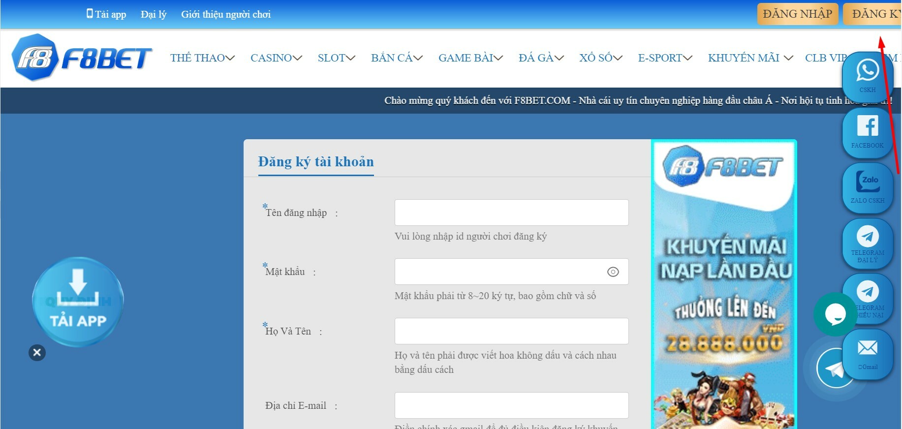 Hướng dẫn đăng ký thành viên của F8bet